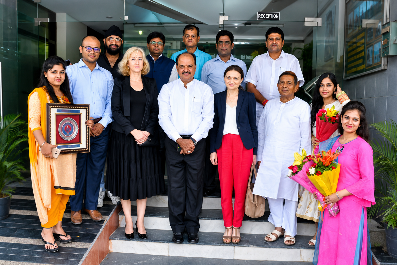 Group photo of NDIIT faculty members, international guests, and students standing at the campus reception area during an academic visit