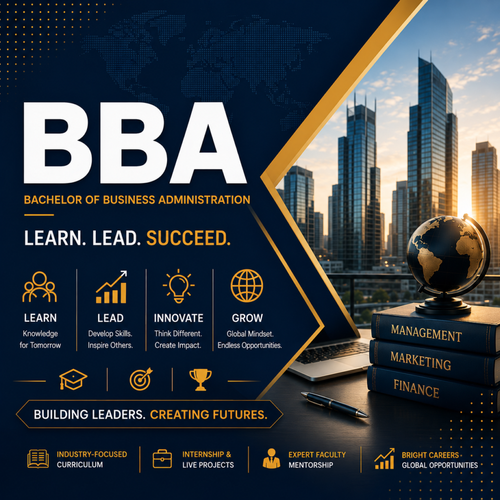 Professional BBA website banner featuring modern business skyline, management books, and bold typography highlighting Bachelor of Business Administration with leadership and career growth theme.
