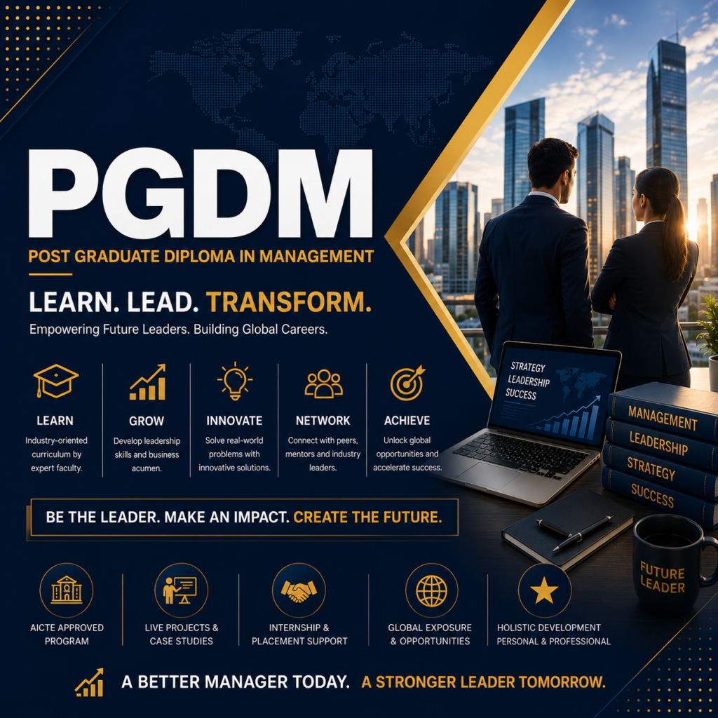 Professional PGDM promotional banner featuring modern corporate office theme, business professionals, management elements, and bold Post Graduate Diploma in Management typography.