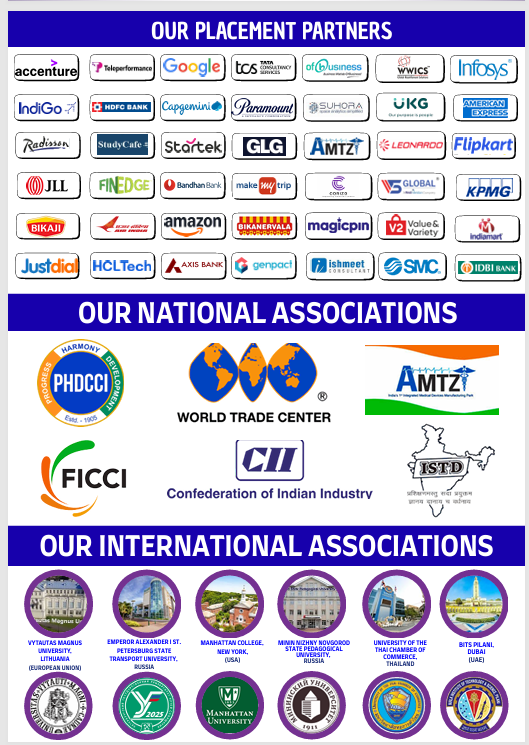 NDIIT placement partners, national industry associations, and international university collaboration logos displayed on the website.