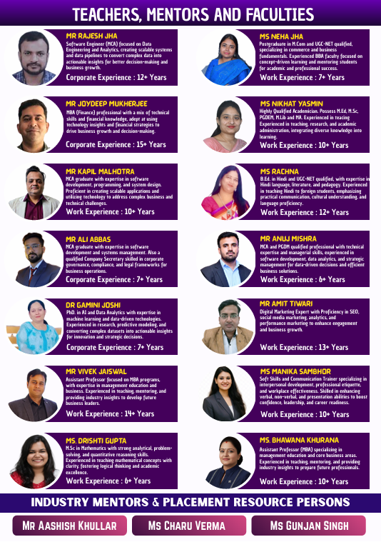 Faculty members, industry mentors, and placement resource professionals at NDIIT Delhi displayed with their academic and corporate experience profiles.
